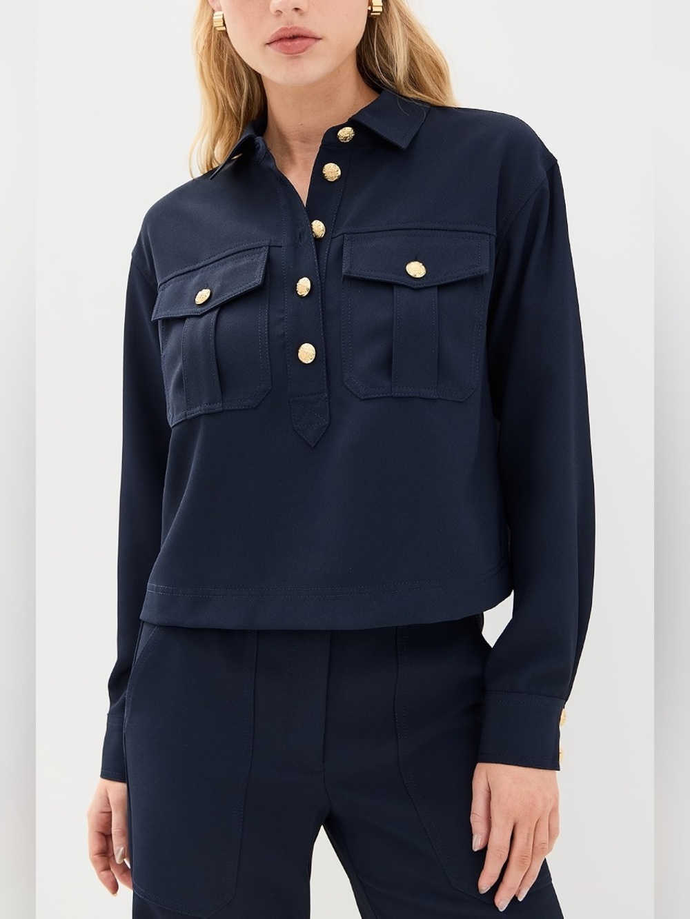 Veronica Beard Button-Detail Colvin Shirt Navy Size 10